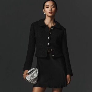Maeve Anthropologie Scallop Tweed Black Jacket with Jeweled Buttons